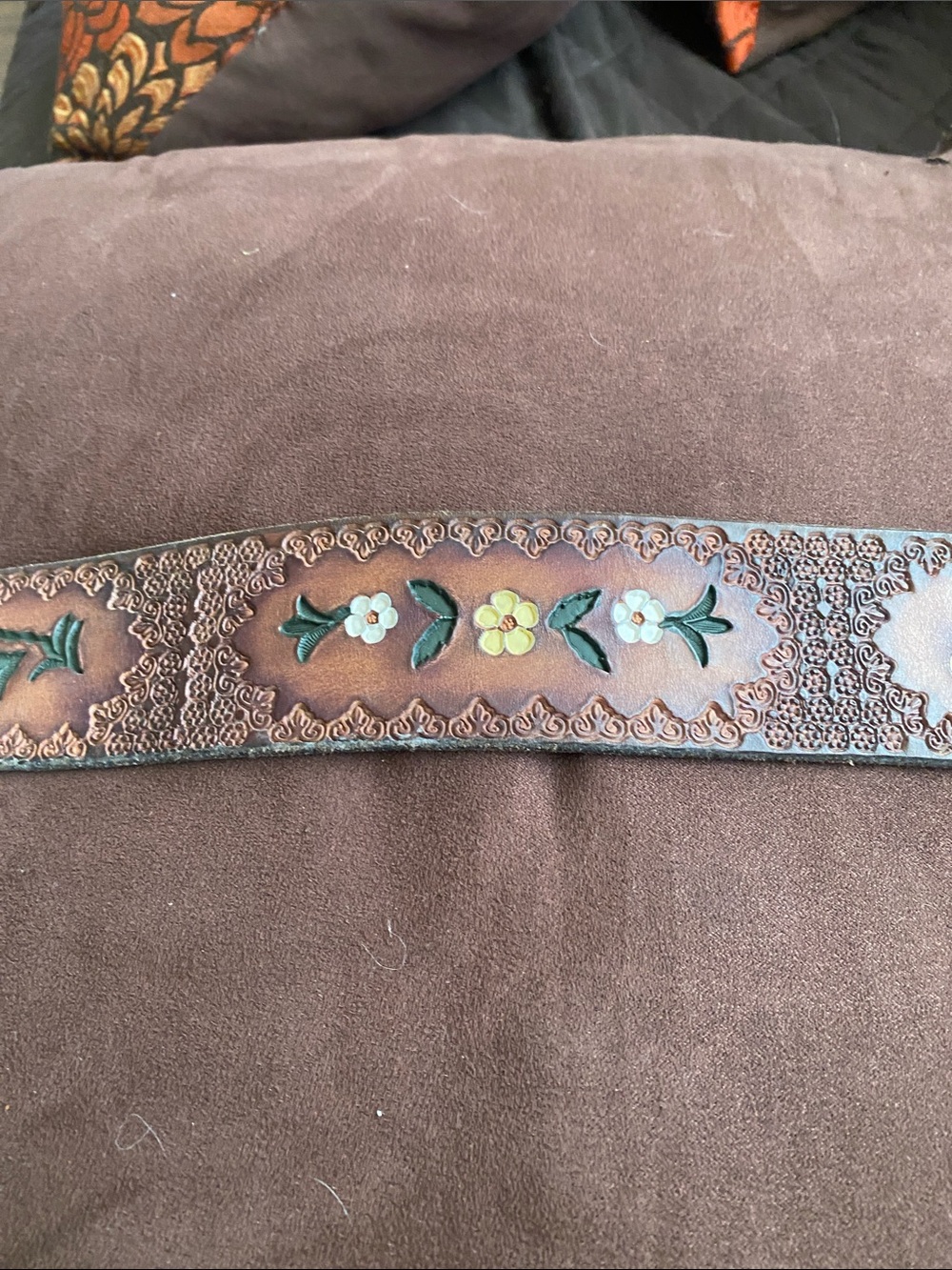 Tooled Leather Floral Belt — Brown with Green & Yellow Accents